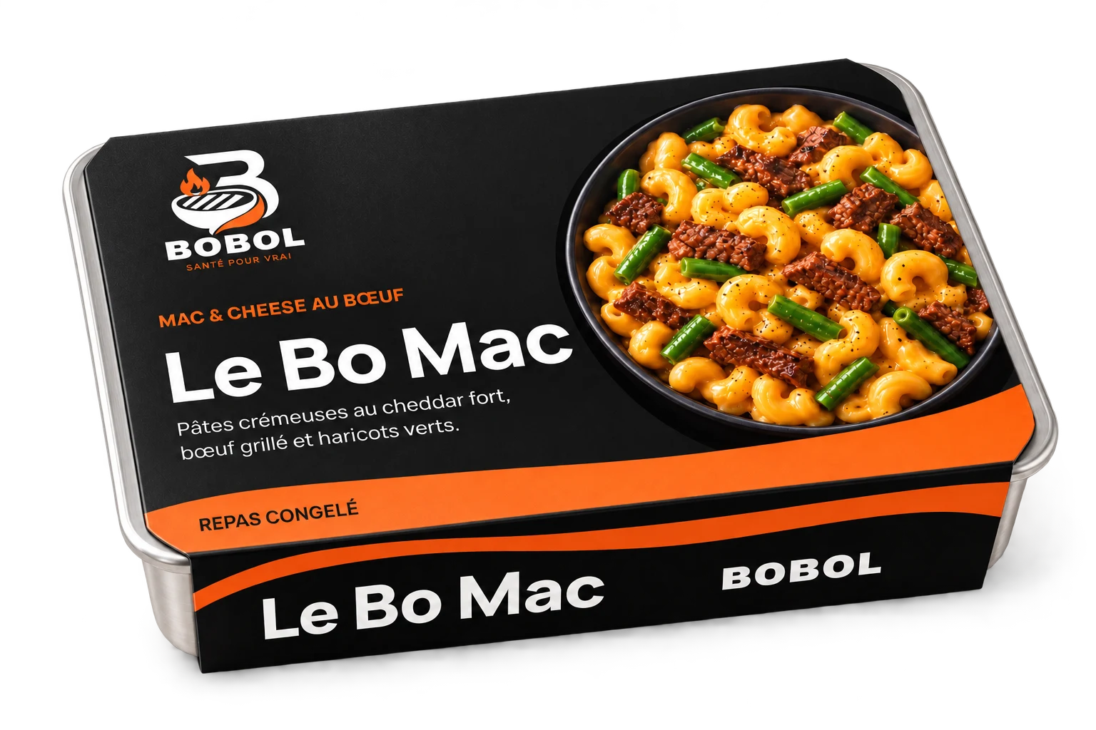 Manchon conceptuel Le Bo Mac, noir et orange, sur une barquette